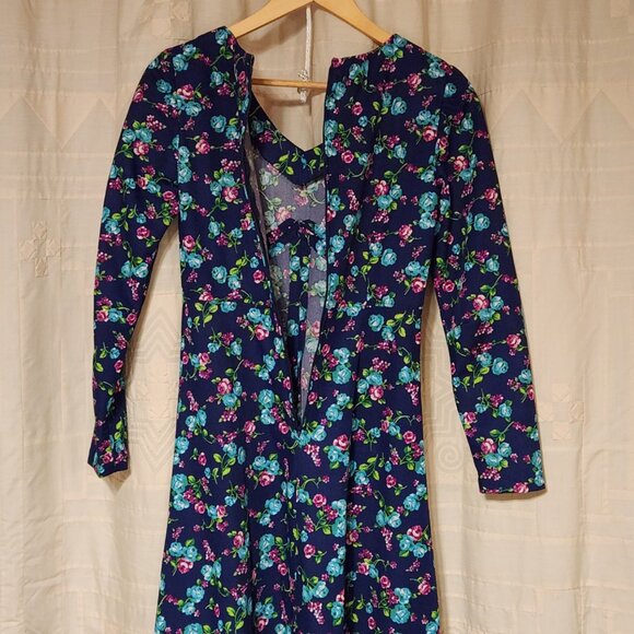 🌸 VTG 70s Handmade Floral Maxi Dress Navy Pink Blue Gown 💙 - Picture 7 of 8